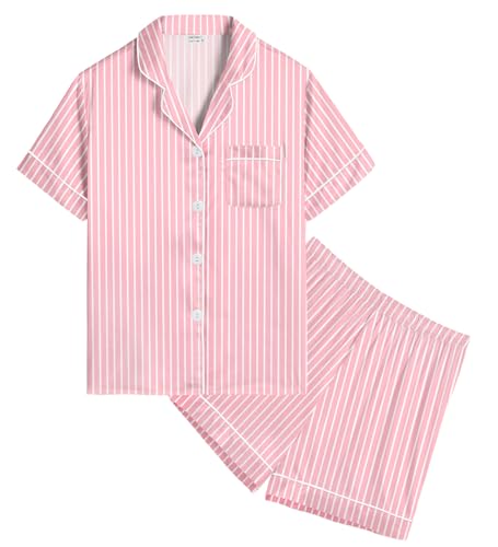 SWOMOG Girls Silk Pyjamas Short Sleeve Sleepwear Kids 2Pcs Satin Button-Down PJ Sets Nightwear Pink Striped 12-13 Years