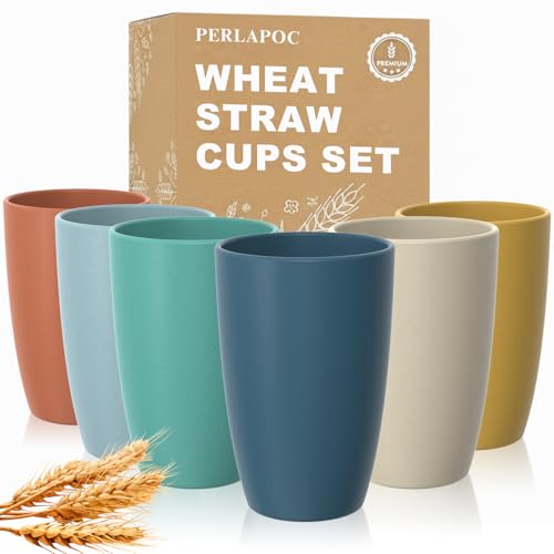 Perlapoc Wheat Straw Cups Set of 6, Unbreakable 20 OZ Reusable Cups, Alternative Plastic Drinking Glasses, Lightweight Tumbler for Kitchen Outdoor, Dishwasher Safe Tumblers & Water Glasses, Multi