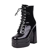 woileRQ Damen Schwarz Lackleder Stiefeletten,Schnürung Schnalle Freizeitschuhe,Vintage Chunky High Heel Combat Stiefel,Hochzeit Party Kleid High Heels,Schwarz,45