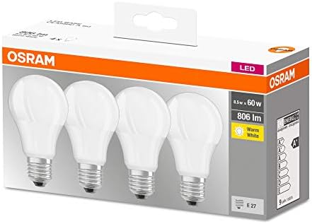 Osram LED Base Classic A Lamp, Bulb-Shaped With E27 Socket, Not Dimmable, Replacement For 60 W Incandescent Lamp, Matt, Warm White, 2700 Kelvin, Pack Of 4