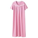 Keyocean Nachthemd Damen Baumwolle Schlafshirt Kurzarm Nachtwäsche Sommer Bequeme Schlafkleid Knopfleiste Lang Loungewear, Polka-Dots auf Prisma-Rosa, XXL
