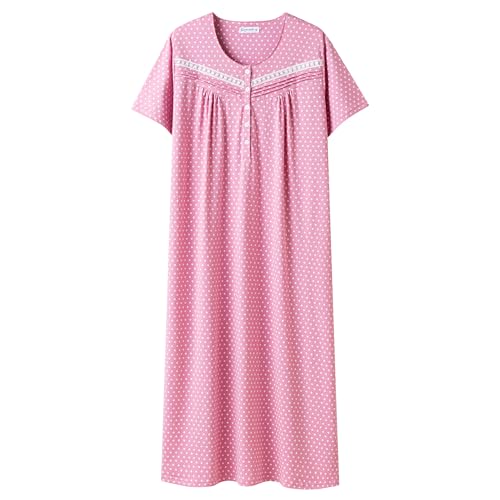 Keyocean Women Nightgowns, Soft 100% Cotton Short Sleeves Comfy Ladies Nightdress, Polka Dots on Prism Pink, Large