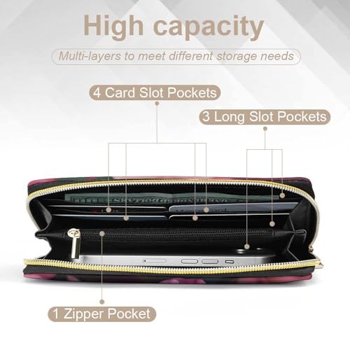 Pink Rose Print Long Wallet for Women Men PU Leather Card Holder Organizer with Zipper Coin Pocket & Cash Slots4