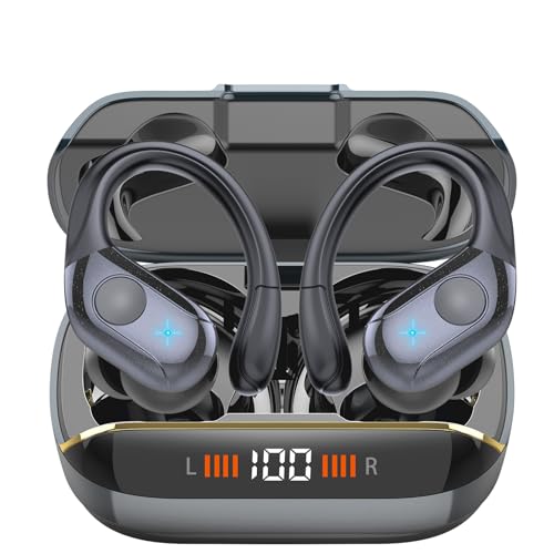 Qecnato Wireless Earbuds Bluetooth 5.4 Headphones 75H Stereo Deep Bass Sports Over Ear Buds with Earhooks, LED Display Bluetooth Earbuds with 4 ENC Mic, IP7 Waterproof Earphone for Running