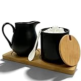 GOMETY Milch und Zucker Set mit Deckel und Löffel, Keramik Milchkännchen und Zuckerdose mit Holz Tablett, Spülmaschinen- und Mikrowellengeeignet, für Kaffee und Cappuccino (Schwarz)