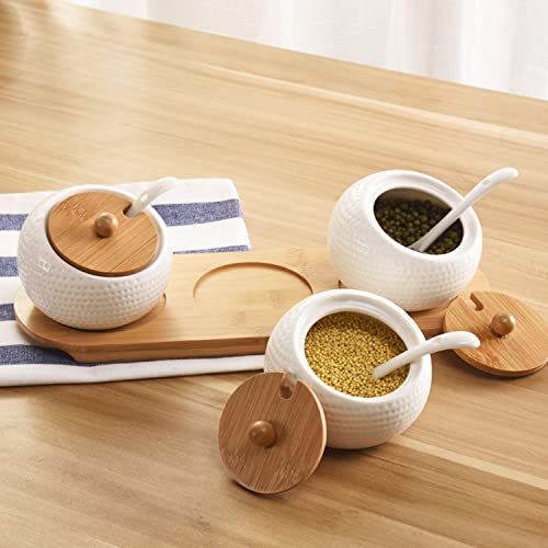 3 Pcs Porcelain Condiment Jar Set, Spice Jars With Bamboo Cap And Ceramic Serving Spoon, Wooden Tray, Used To Store Sugar, Spices, Coffee, Tea, 170 Ml (5.8 Oz) #TOP4
