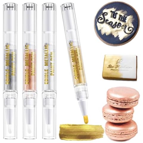 Edible Glitter Paint Pen - 4 Pcs Rose Gold Silver Drawing Decorative Color for Fondant Cake, Cookies, Macarons, Gumpaste, Icing, Easter Eggs, candy, DIY Baking. Cover