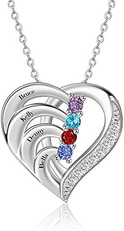 ORFANDE Personalized Sterling Silver Mothers Name Necklace with 2-4 Simulated Birthstones Custom Heart Pendant Necklace Personalized for Mother's Day (Silver)