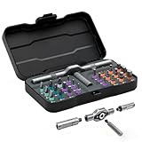 Mécanisme à cliquet efficace : ce jeu de tournevis à cliquet magnétique avec embouts magnétiques utilise un cliquet fin à 58 dents avec une structure à cliquet de 6,2 ° qui permet une transmission efficace de la force avec un minimum de marge de mouvement. Jeu de tournevis à cliquet avec poignée amovible - Vous économisez ainsi jusqu'à 80 % de la force nécessaire, ce qui facilite grandement le travail dans les zones étroites et les vis difficiles.