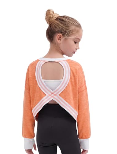 Gogokids Girls Long Sleeve Athletic Shirt Open Back Tees with Thumbholes