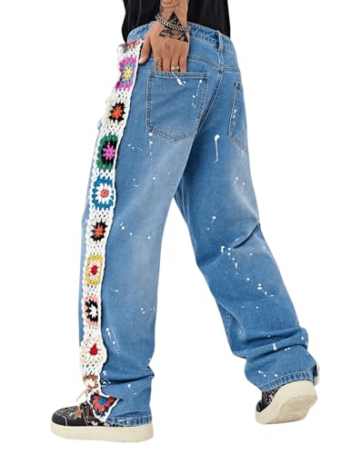 Men's Floral Crochet Baggy Jeans Ripped Distressed Jeans Hip Hop Straight Leg Denim Pants Streetwear2