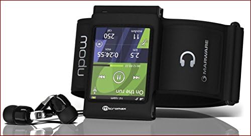 Modu T smartphone inserted into a black sport armband, with wired headphones next to it, displaying a fitness tracking interface.