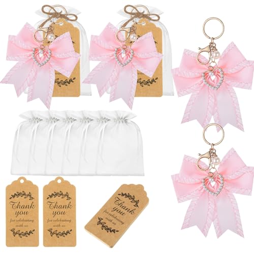Ecation 20 Set Pearl Bow Keychain Party Favors Bulk, Tag Bag Gift, Pink