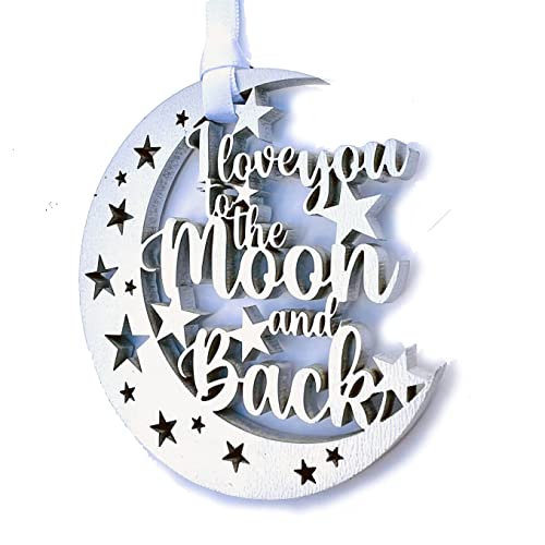 I Love You To The Moon And Back Christmas Ornament - Silver Moon Star Gift For New Baby - Husband Wife Present - With Satin Ribbon and Gift Box
