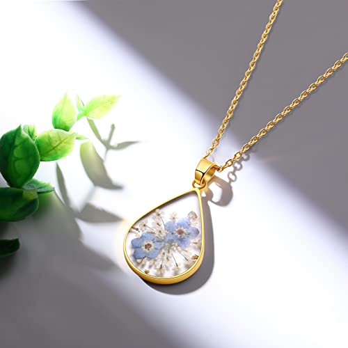 Forget-Me-Not And Queen Anne's Lace Pressed Wildflower Necklace | Teardrop Pendant Necklace | Gold Pressed Flower Necklace | Handmade Necklaces Gift For Women | Alaska State Flower Necklace | 18” #TOP1