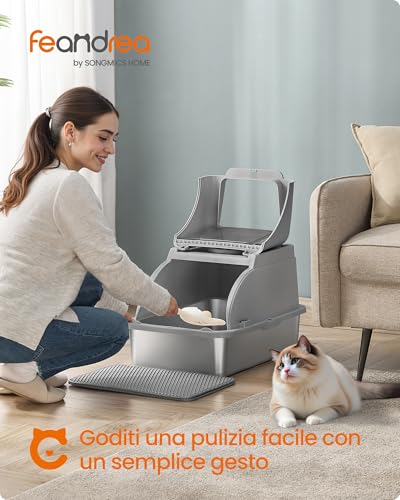 Feandrea Lettiera Per Gatti In Acciaio Inossidabile Con Coperchio Ribaltabile, Lettiera Chiusa Xl Anti Perdite, Paletta, Spazzola, Doppio Ingresso, Per Gatti Fino A 15 Kg, Grigio Tortora PPT005G01 - 2