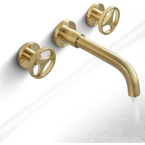 SKOWLL Brushed Gold Wall Mount Bathroom Faucet, 3 Hole Widespread Vanity Faucets, 2 Handle Modern Vessel Sink Faucet with 360° Swivel Spout Cover