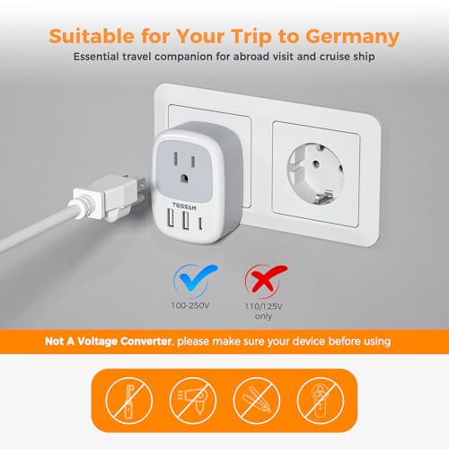 Image of Type E F Plug Adapter USB C, TESSAN Germany France Power Adaptor, Schuko Outlet with 3 USB Ports, Travel Plug for US to Europe EU Spain Iceland Korea Greece Russia German French