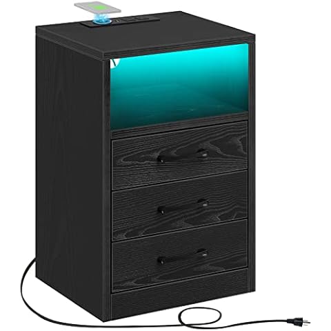 Rolanstar Nightstand -Tool Free Quick Install, with Wireless Charging Station and LED Lights, Modern End Table with 3 Drawers, Side Table for Bedroom,Black Cover