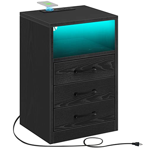 Rolanstar Mesita de noche con estación de carga inalámbrica y luces LED, instalación rápida sin herramientas, mesa auxiliar moderna con 3 cajones, mesa auxiliar para dormitorio, color negro Cover
