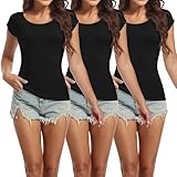 LOVCUIIO Womens Sweatproof Slim Fit T-Shirts,Scoop Neck,Short Sleeve with Underarm Sweat Pads,Stretchy Basic Undershirts, Black, 3 Pack, Size Large