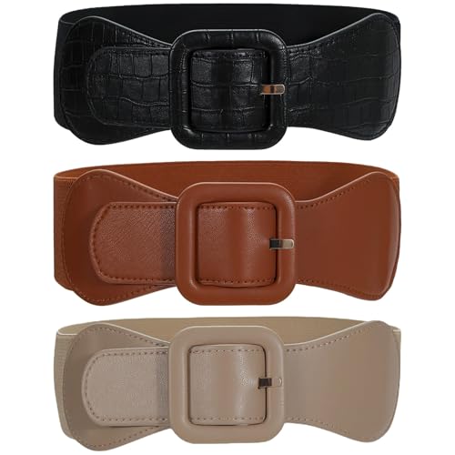 3 Elastic Waist Belts With Square Buckles, Pu Leather Cinch Belts For Women, Stretchy Waistband For Dresses & Tops, 29.5 X 2.4 Inches