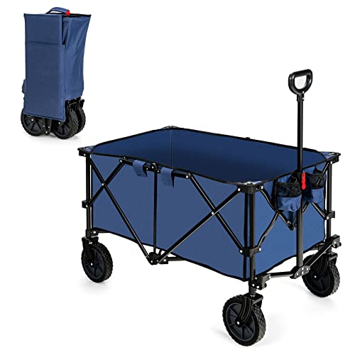 TANGZON Foldable Camping Wagon, Collapsible Garden Wagon Cart with Adjustable Handle, Cup Holders & Storage Bag, Outdoor Canvas Utility Transport Trolley for Festival Shopping Beach Picnic (Navy)