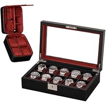 ROTHWELL Gift Set 10 Slot Leather Watch Box & Matching 5 Watch Travel Case - Luxury Case Display Organizer, Locking Mens Jewelry Watches Holder, Mens Storage Boxes Glass Top Black/Red
