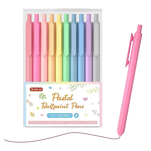Shuttle Art Ballpoint Pens, 10 Pack Pastel Retractable Colored Ink Ball Point Pens, Cute Pens 1.0mm Medium Point Quick Drying for Writing Journaling Taking Notes School Office Home 10 Colore