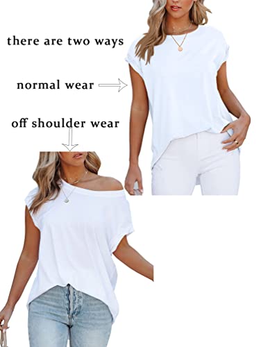 Xxtaxn Women's Casual Short Sleeve Off Shoulder Oversized T Shirt Outdoor Soft Basic Tunic Tops White #TOP1
