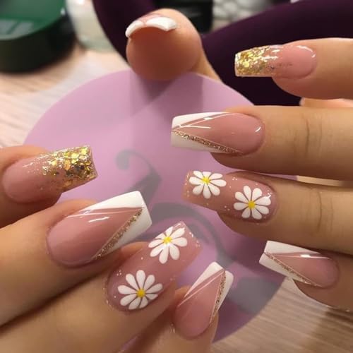 Acrylic press on nails, French tip, Fake nails with glue, Fake nails with design, Short press on nails, Medium - Long, 24 pc set (including adhesive tabs) (JP1426) MOTA ENTERPRISE