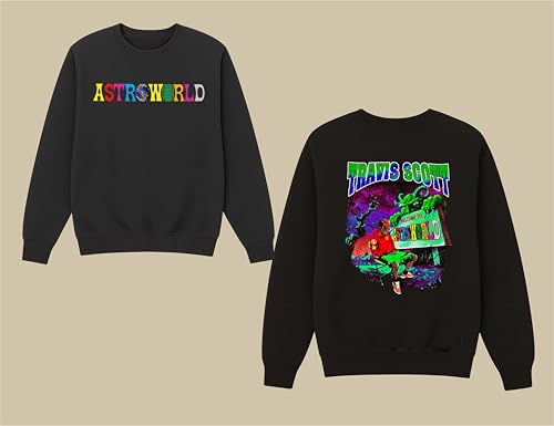 Image of I-Drip Travis Scott Sweatshirt Crew Neck Full Sleeve Regular Fit Unisex 340 GSM Black Cotton Fleece for Winters Anime Streetwear Astroworld Graphics Front, Back Printed