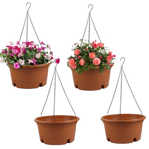 Svxtoby 4 Pack 12 Inch Large Plastic Hanging Planters for Outdoor Plants