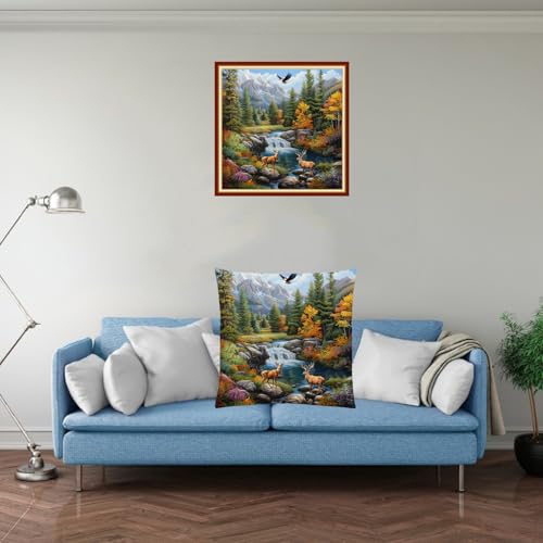Image of Fanxvivy Stamped Cross Stitch Kits for Adults Beginners Pillow Needlepoint Kit with Embroidery Pattern Needlework Kit Prestamped Stitches Kit 11CT Cross Stitching-Deer Landscape 18x18 inch