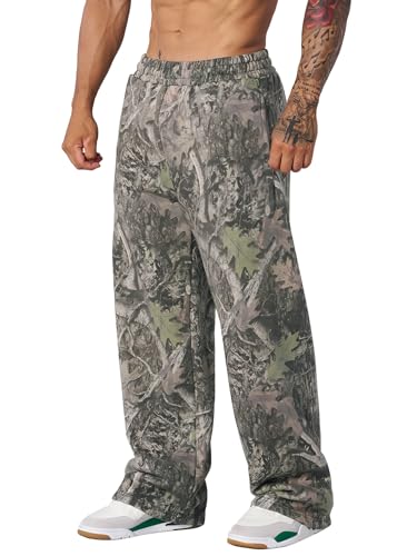 Ogfao Mens Baggy Camo Sweatpants Wide Leg Hunting Loose Joggers Workout Athletic Sweat Pants wtih Pockets Green M