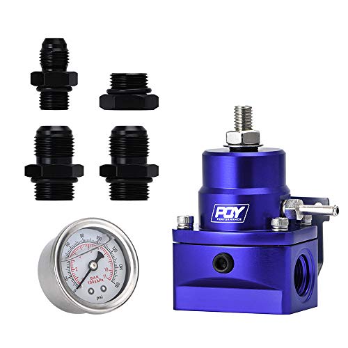 PQY Fuel Pressure Regulator AN8 Feed & AN6 Return Line + 0-160PSI Gauge Set Blue
