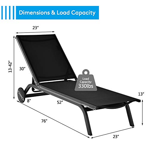 Giantex Lounge Chairs For Outside Patio Chaise Lounges Aluminum Recliner W/Adjustable 6 Backrest Positions And Wheels For Patio Beach Poolside Outdoor Sunbathing Chair(1, Black) #TOP2