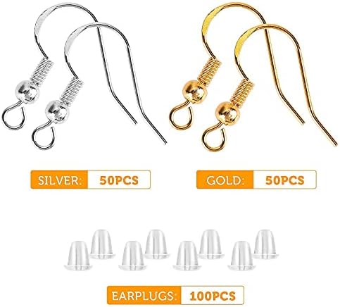 ASTER 200PCS Gold Silver Earring Hooks Set, Hypo-allergenic Earring Hook DIY Ear Wires Jewelry Hook Earring Findings French Wire Earring Hooks Backs for Jewelry Making