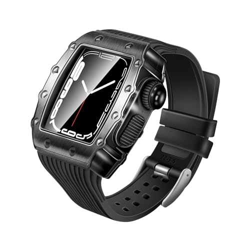 Tempered Film Metal Watch Case Silicone Integrated Strap,For Apple Watch 9 8 7 6 5 4 SE 3 2 Series 44mm 45mm Watch Upgrade Replace Sports Strap Wristband (Black,45MM)