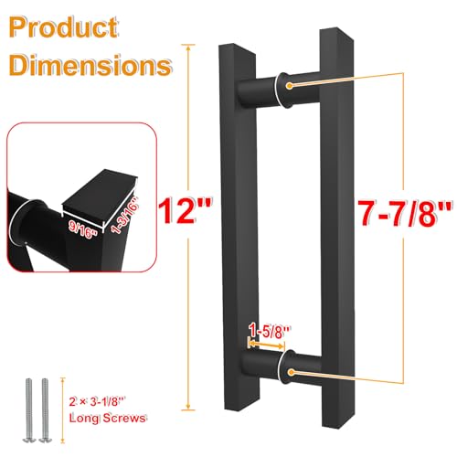 Image of 12 inch Matte Black Square Barn Door Pull Handle Double Sided | Heavy-Duty 304 Stainless Steel, 7-7 /8 inch Hole Spacing, Fits 3 /4 inch-2 inch Thick Barn, Front Entry, Sliding & Exterior Doors