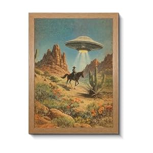 EELWDBH Framed Cowboy Wall Art, Vintage Western Canvas Wall Art with UFO Sci-Fi Theme, Desert Art Landscape Poster with Dark Wooden Frame, Retro Western Wall Decor for Living Room & Bedroom, 12×16 Inch