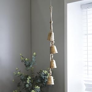 Deco 79 Metal Handmade Tibetan Inspired Decorative Cow Bells with 4 Bells on Jute Hanging Rope 4 x 3 x 29 Gold