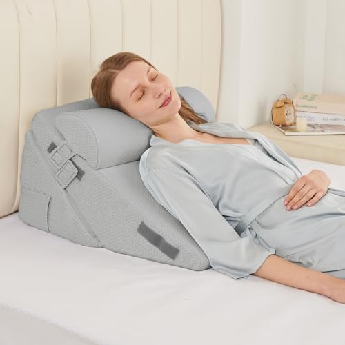 Image of Sasttie Wedge Pillow Set for After Surgery, 2PCS Adjustable Bed Wedge Pillow Headboard with Memory Foam Neck Cushion - for Acid Reflux, Sleeping, Neck & Back Support, Light Grey