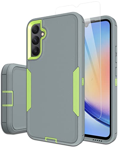 Dahkoiz for Samsung Galaxy A34 Case, with Tempered Glass Screen Protector, Dust-Proof Port Cover, Support Magnetic Car Mount, Full Body Protection Rubber Phone Case for Galaxy A34 5G, Green/Grey
