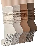 Ludaro 4 Pairs Pilates Grip Scrunch Socks for Women, Long Cotton Non Slip Slouch Yoga Calf Socks, Womens Slipper Crew Stockings for Casual, Dance, Ballet, Barre, Hospital