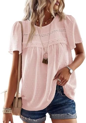 Femme Chemisier Boho Blouse Manches Courtes Col Rond Tunique Dent...