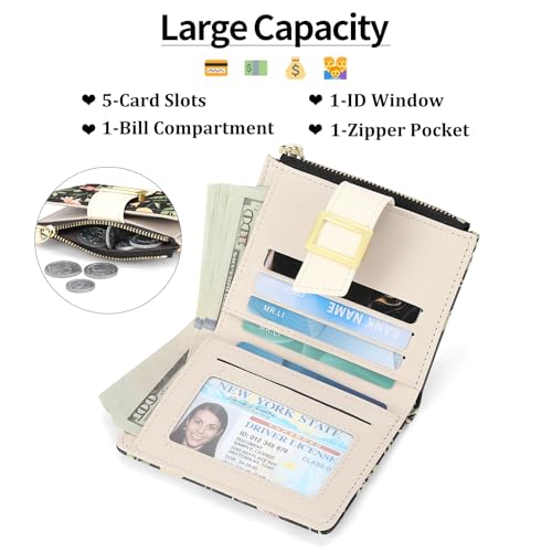 Image of RNIEGA Small Wallets for Women Bifold Vegan Leather Wallet RFID Blocking | Floral Pattern Card Holder with Zipper Pocket