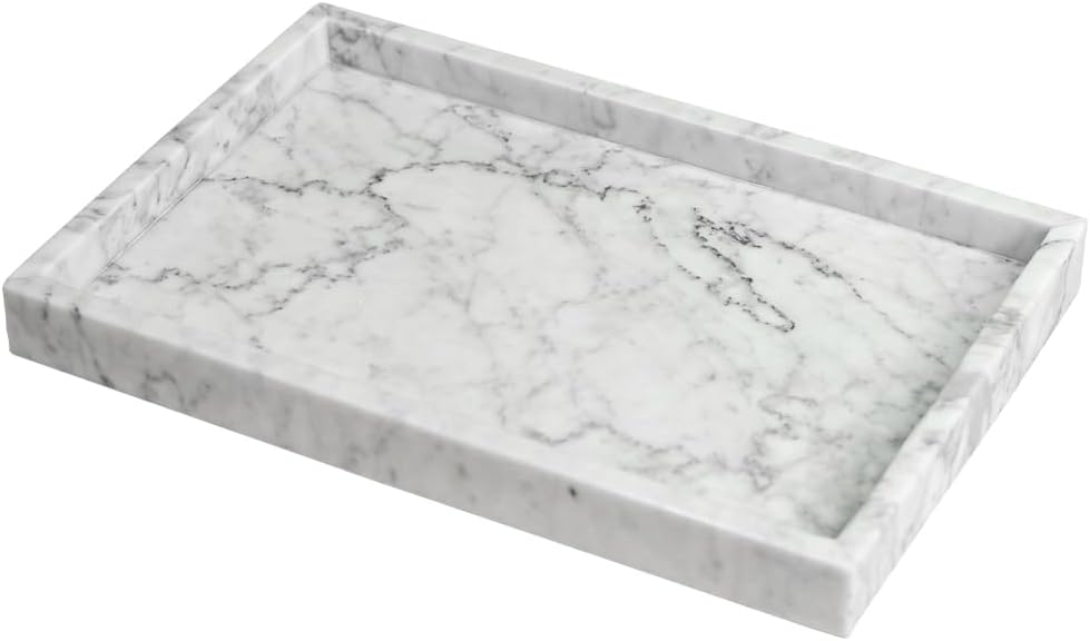 Genuine Marble Tray for Bathroom Sink, Perfume Tray for Vanity, Real Stone Tray for Home Decor, White Marble Storage Tray for Kitchen, Canisters Tray for Bathroom Countertop (Carrara White-12"x8"x1")