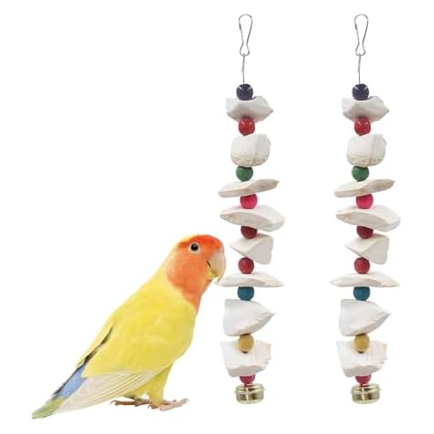 2 Pack Bird Toys with Cuttlebone, Parakeet Toys, Bird Beak Grinding Stone, Cage Accessories for Parakeets, Cuttlefish Bone for Budgies, Cockatiels, Lovebirds, Green Cheeks, Small to Medium Birds Cover
