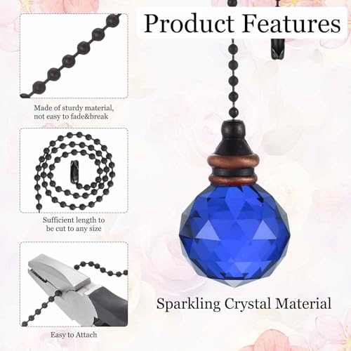 Image of MECCANIXITY 2Pack Ceiling Fan Pull Chain, 12 Inch Decorative Ornaments Crystal Pendant Pull Chain Extension for Ceiling Fans Light Lamp, Dark Blue